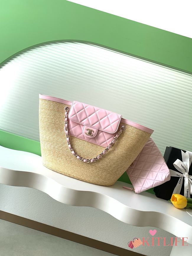 Kitlife Chanel Large Shopping Tote Bag Beige Raffia and Pink Lambskin 26x53x18cm - 1