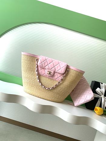 Kitlife Chanel Large Shopping Tote Bag Beige Raffia and Pink Lambskin 26x53x18cm