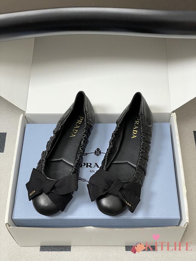 Kitlife Prada Bow Elasticated Black Leather Ballet Flats - 1