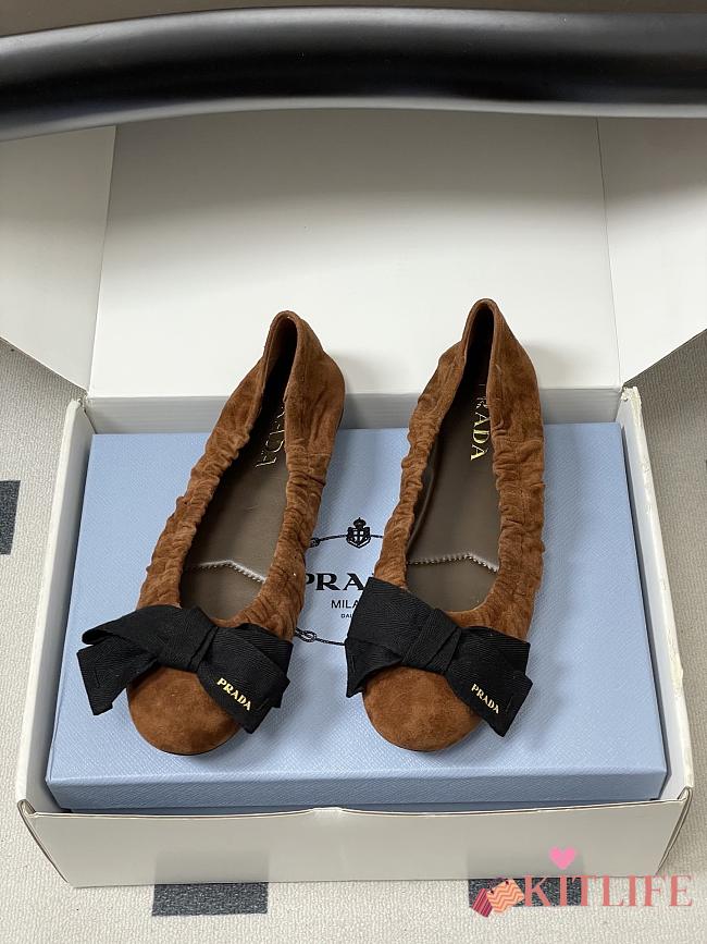 Kitlife Prada Bow Elasticated Brown Suede Leather Ballet Flats - 1