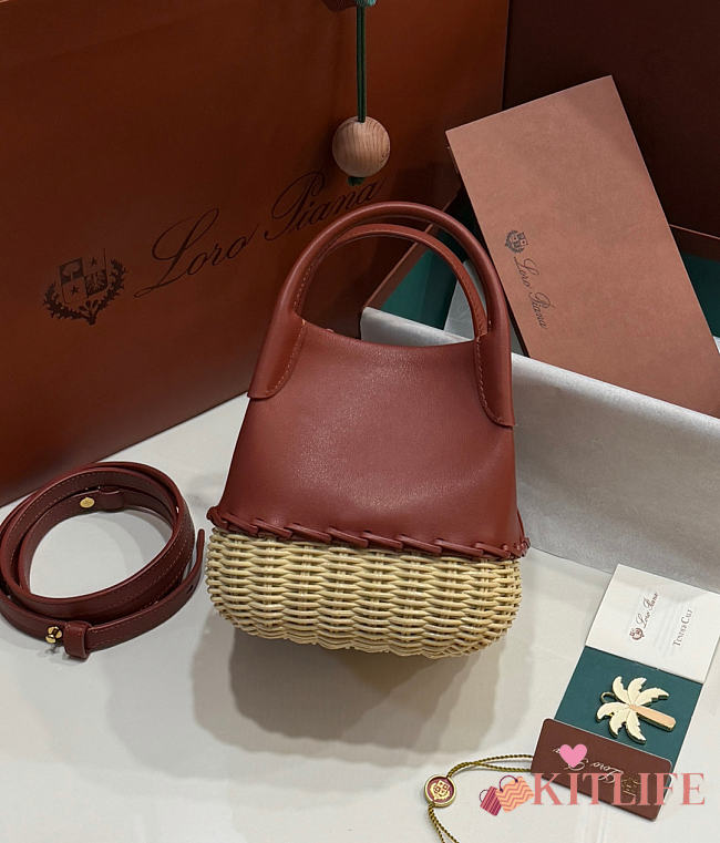 Kitlife Loro Piana Bale Micro Braided Wicker & Brown Leather Shoulder Bag 16x13x13cm - 1