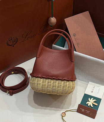 Kitlife Loro Piana Bale Micro Braided Wicker & Brown Leather Shoulder Bag 16x13x13cm