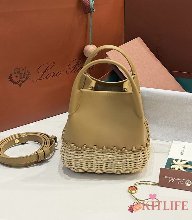 Kitlife Loro Piana Bale Micro Braided Wicker & Beige Leather Shoulder Bag 16x13x13cm - 1