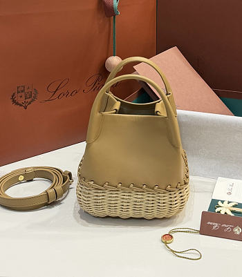 Kitlife Loro Piana Bale Micro Braided Wicker & Beige Leather Shoulder Bag 16x13x13cm