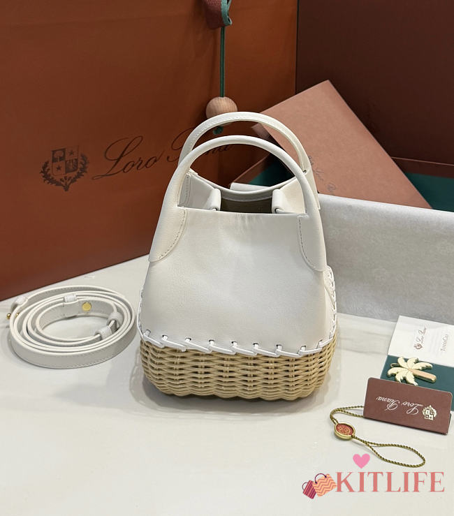 Kitlife Loro Piana Bale Micro Braided Wicker & White Leather Shoulder Bag 16x13x13cm - 1