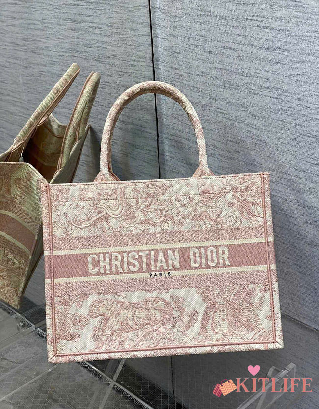 Kitlife Dior Book Tote Pink Toile de Jouy Stripes Embroidery 36.5x28x14cm - 1