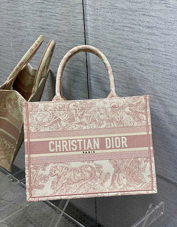 Kitlife Dior Book Tote Pink Toile de Jouy Stripes Embroidery 36.5x28x14cm
