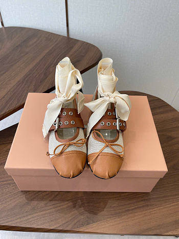 Kitlife Miu Miu Canvas And Brown Leather Ballerinas