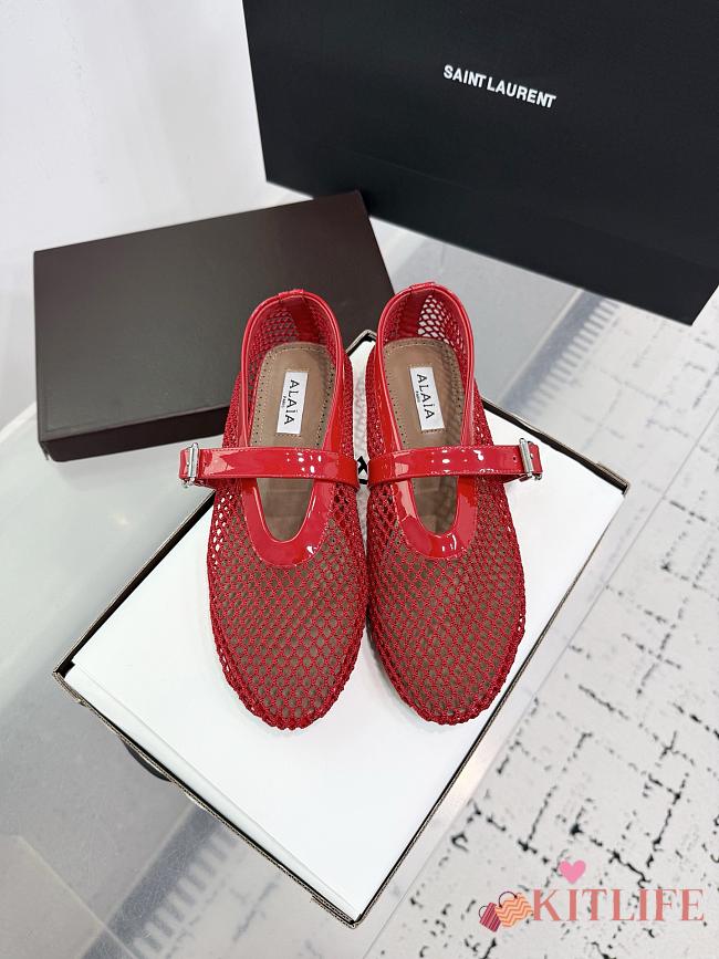 Kitlife Alaia 25SS Flat Red Patent Leather Mesh Ballet Shoes - 1