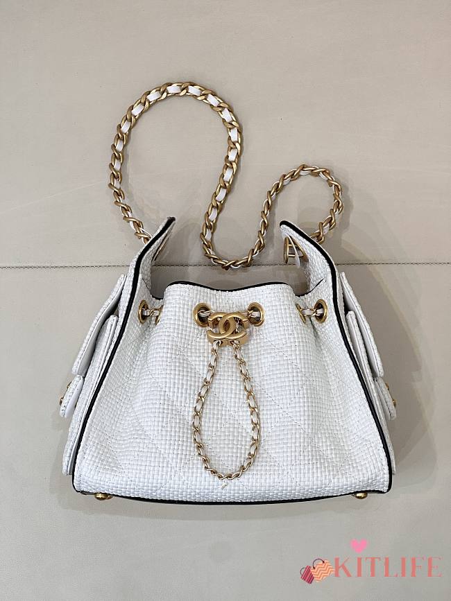 Kitlife Chanel 25C Drawstring Bucket Hobo Bag White Raffia Calfskin Quilted AS5631 20x22x12.5cm - 1