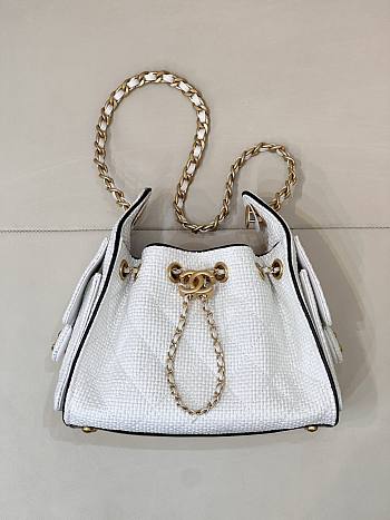Kitlife Chanel 25C Drawstring Bucket Hobo Bag White Raffia Calfskin Quilted AS5631 20x22x12.5cm