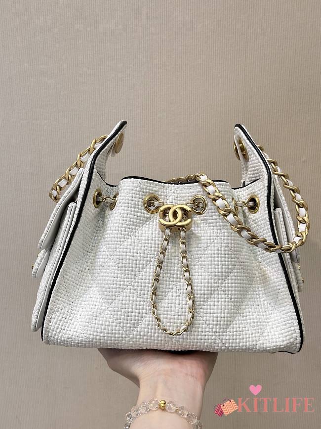 Kitlife Chanel 25C Drawstring Bucket Hobo Bag White Raffia Calfskin Quilted AS5293 30×26×14cm  - 1