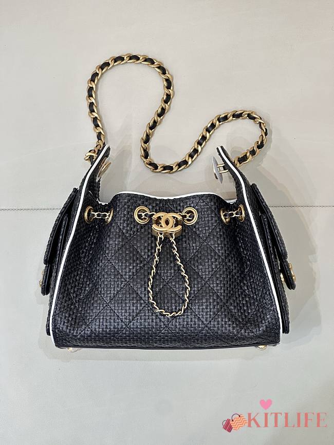 Kitlife Chanel 25C Drawstring Bucket Hobo Bag Black Raffia Calfskin Quilted AS5631 20x22x12.5cm - 1