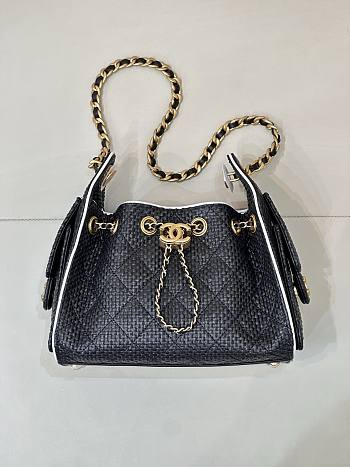Kitlife Chanel 25C Drawstring Bucket Hobo Bag Black Raffia Calfskin Quilted AS5631 20x22x12.5cm