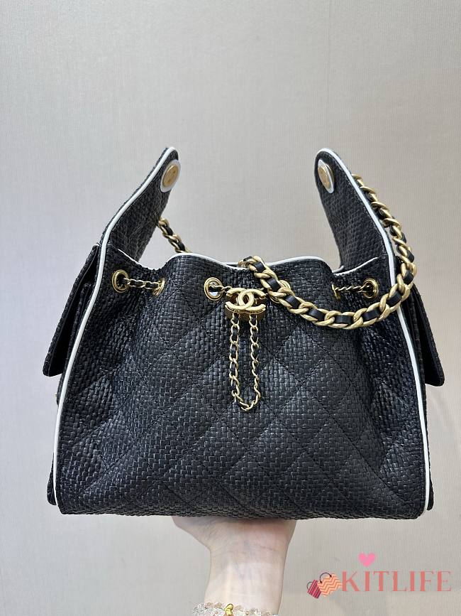 Kitlife Chanel 25C Drawstring Bucket Hobo Bag Black Raffia Calfskin Quilted AS5293 30×26×14cm  - 1