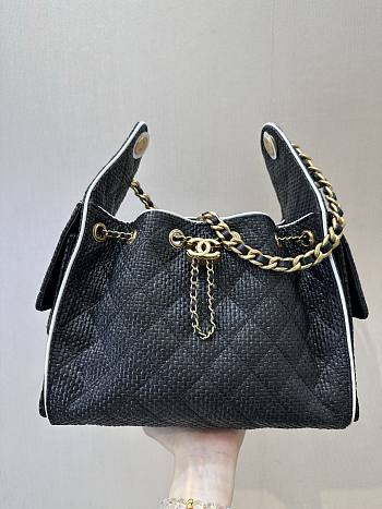 Kitlife Chanel 25C Drawstring Bucket Hobo Bag Black Raffia Calfskin Quilted AS5293 30×26×14cm 