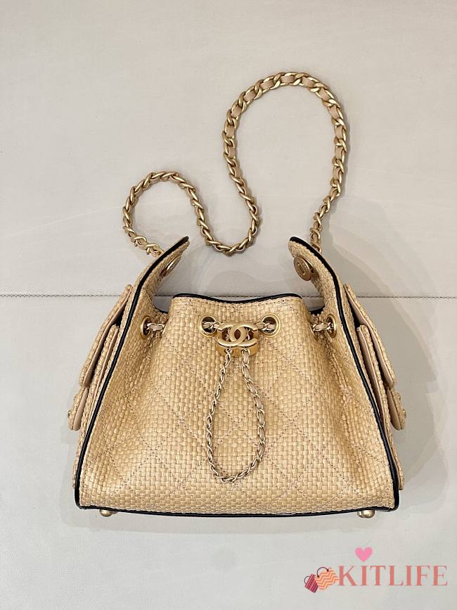 Kitlife Chanel 25C Drawstring Bucket Hobo Bag Beige Raffia Calfskin Quilted AS5631 20x22x12.5cm  - 1