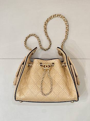 Kitlife Chanel 25C Drawstring Bucket Hobo Bag Beige Raffia Calfskin Quilted AS5631 20x22x12.5cm 