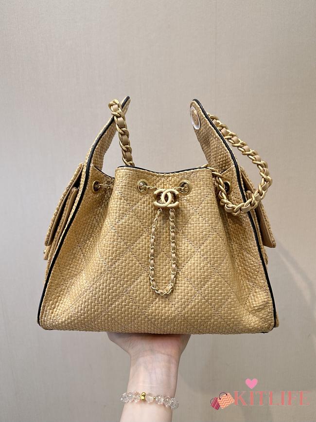 Kitlife Chanel 25C Drawstring Bucket Hobo Bag Beige Raffia Calfskin Quilted AS5293 30×26×14cm  - 1