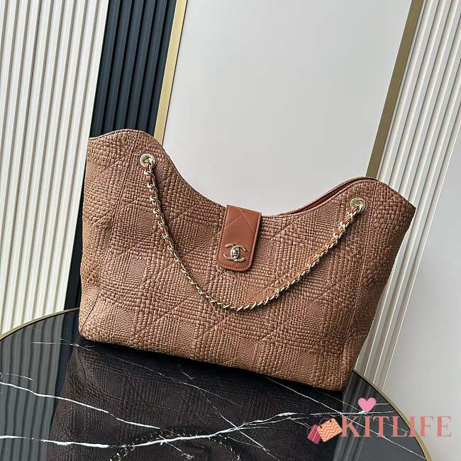 Kitlife Chanel Maxi Shopping Bag Dark Brown Braided Raffia & Gold-colored metal AS6095 33x54x15cm - 1