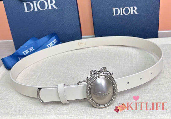 Kitlife Dior Médaillon Belt White Smooth Calfskin Silver Hardware 25mm  - 1