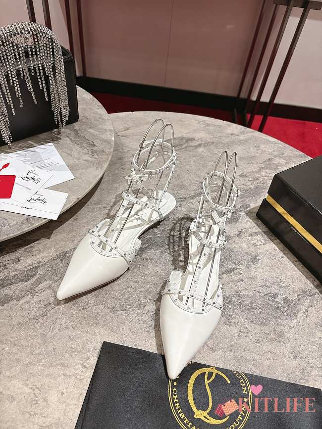Kitlife Christian Louboutin Bombina Spikes Slingback Flats White - 1