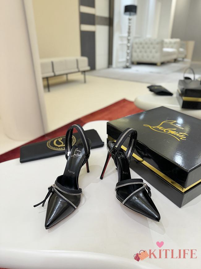 Kitlife Christian Louboutin Women’s 100mm Slingy Zip Leather Pumps Black - 1