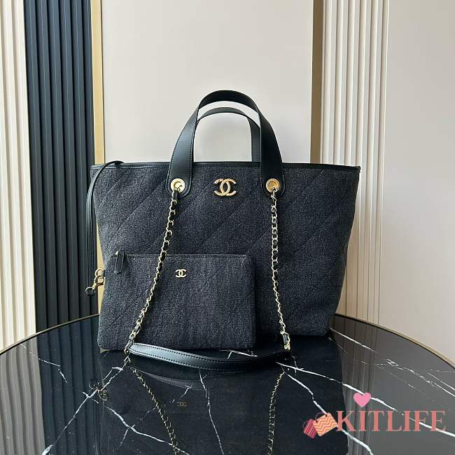 Kitlife Chanel Black Denim Shopping Bag 31x28x17cm - 1