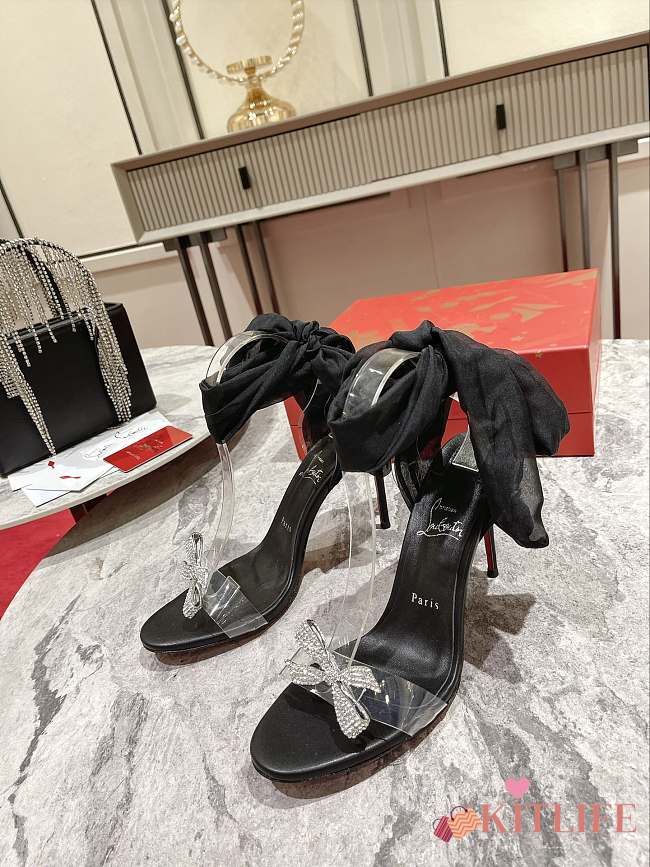 Kitlife Christian Louboutin Astrinodo Crystal Bow Silk Tie 100mm Heels Sandals Black - 1