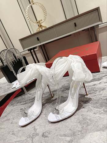 Kitlife Christian Louboutin Astrinodo Crystal Bow Silk Tie 100mm Heels Sandals White
