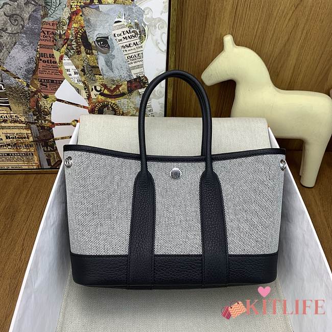 Kitlife Hermes Mini Garden Party Canvas Leather Bag Grey & Black 23cm - 1