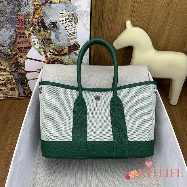 Kitlife Hermes Mini Garden Party Canvas Leather Bag Beige & Green 23cm  - 1