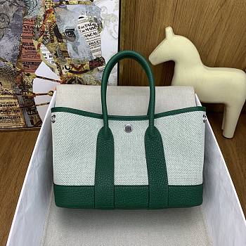 Kitlife Hermes Mini Garden Party Canvas Leather Bag Beige & Green 23cm 