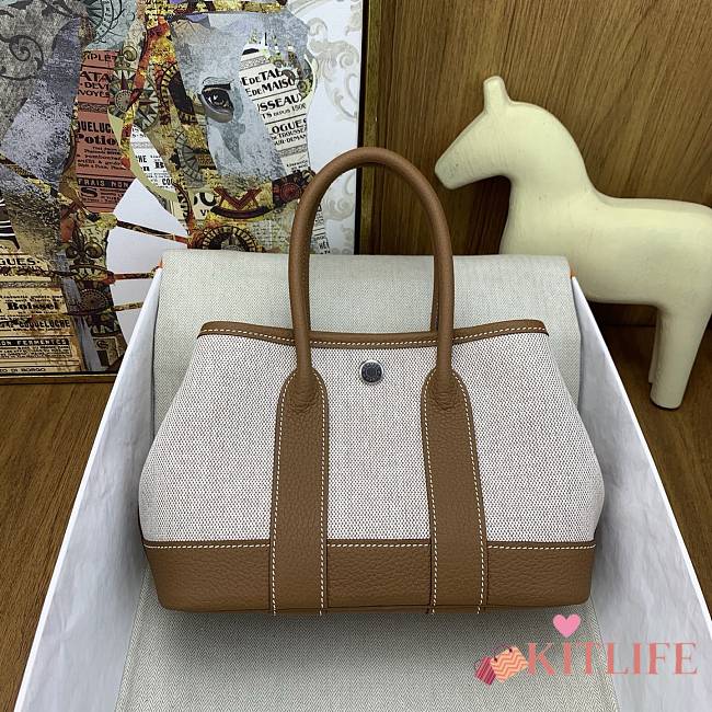 Kitlife Hermes Mini Garden Party Canvas Leather Bag Beige & Brown 23cm  - 1