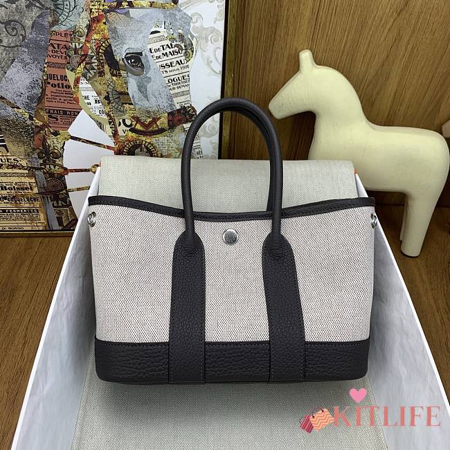 Kitlife Hermes Mini Garden Party Canvas Leather Bag Beige & Black 23cm - 1