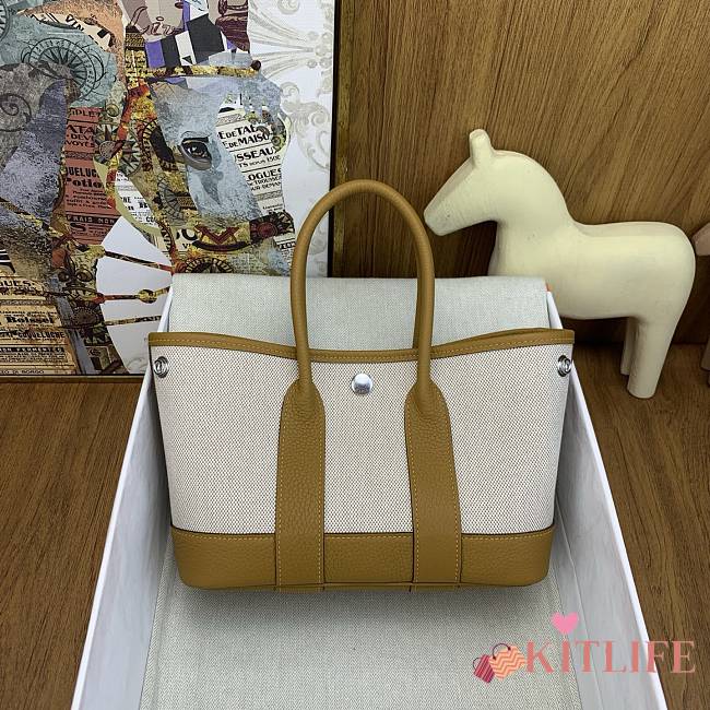 Kitlife Hermes Mini Garden Party Canvas Leather Bag Beige & Caramel 23cm  - 1
