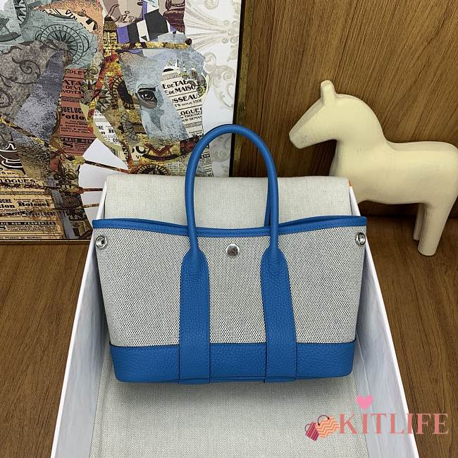 Kitlife Hermes Mini Garden Party Canvas Leather Bag Beige & Blue 23cm  - 1