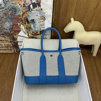 Kitlife Hermes Mini Garden Party Canvas Leather Bag Beige & Blue 23cm 
