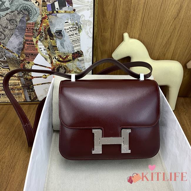 Kitlife Hermes Constance 24cm Box Leather 57 Bordeaux Burgundy Bag Silver Buckle - 1