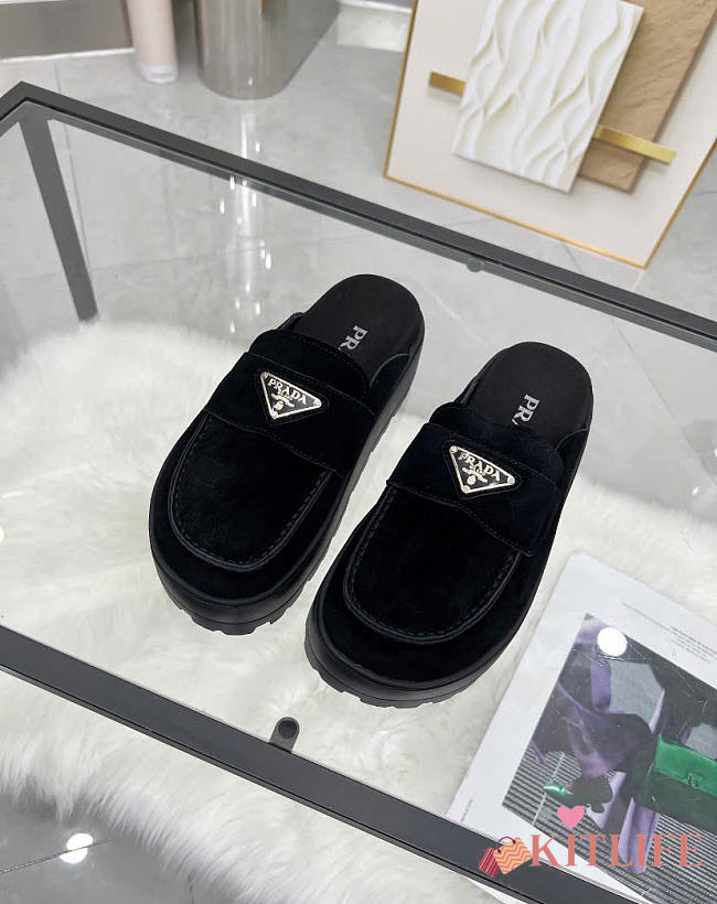 Kitlife Prada Black Suede Flatform Mules - 1