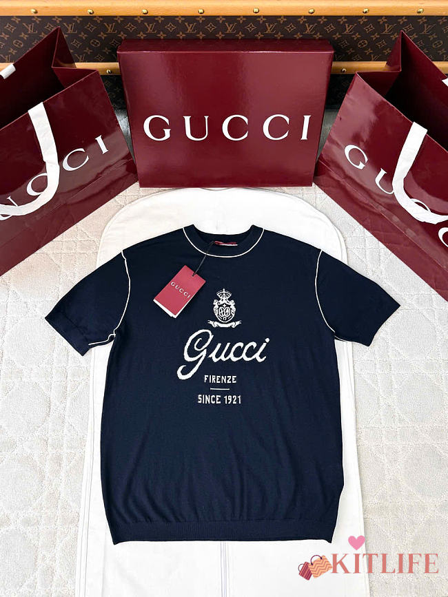 Kitlife Gucci Knit Silk Linen T-shirt With Intarsia In Dark Blue  - 1