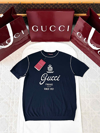 Kitlife Gucci Knit Silk Linen T-shirt With Intarsia In Dark Blue 