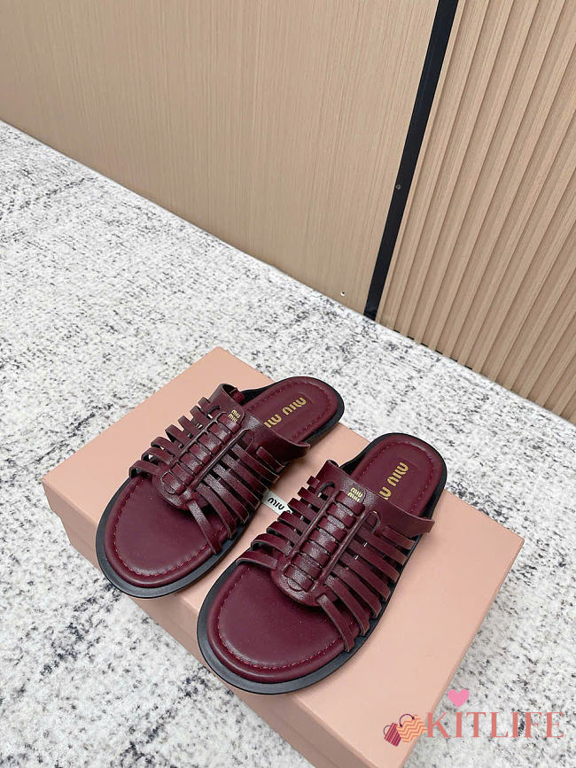 Kitlife Miu Miu Burgundy Nappa Leather Slides - 1