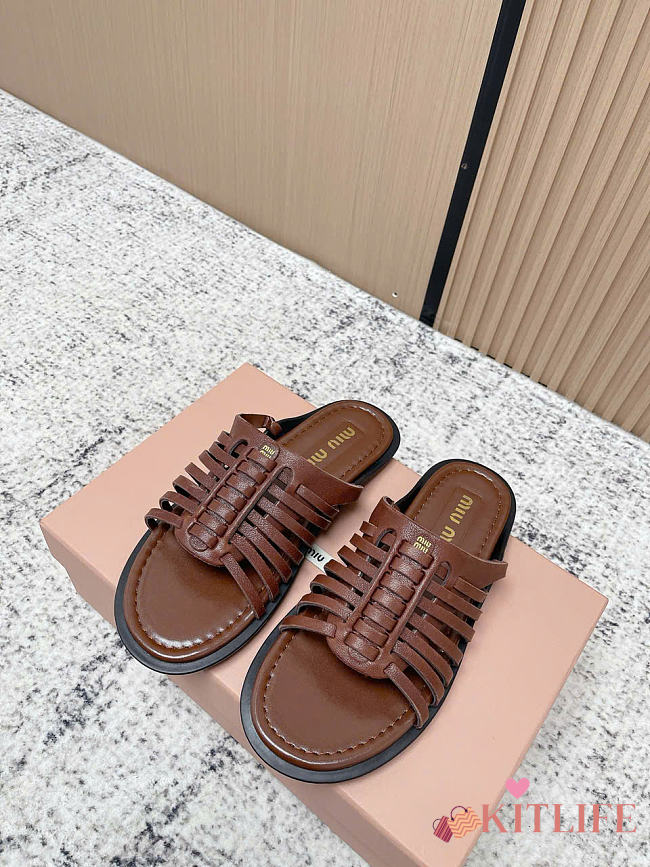 Kitlife Miu Miu Brown Nappa Leather Slides - 1