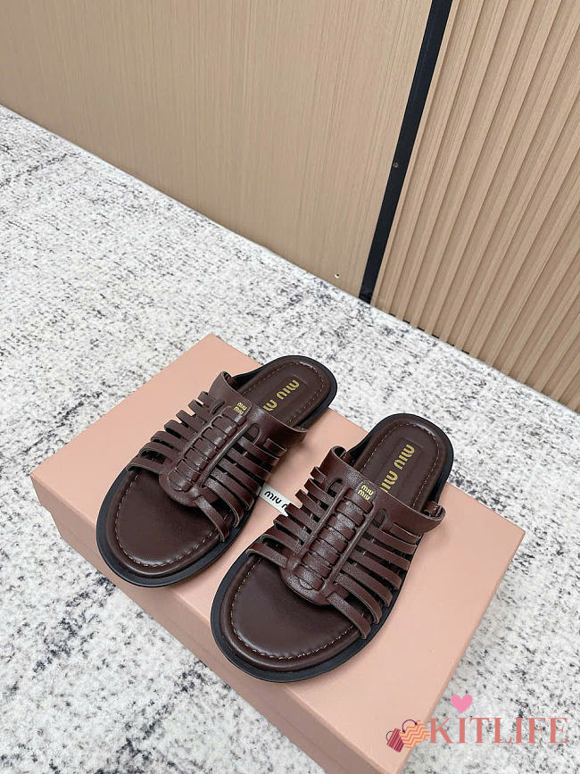 Kitlife Miu Miu Dark Brown Nappa Leather Slides - 1