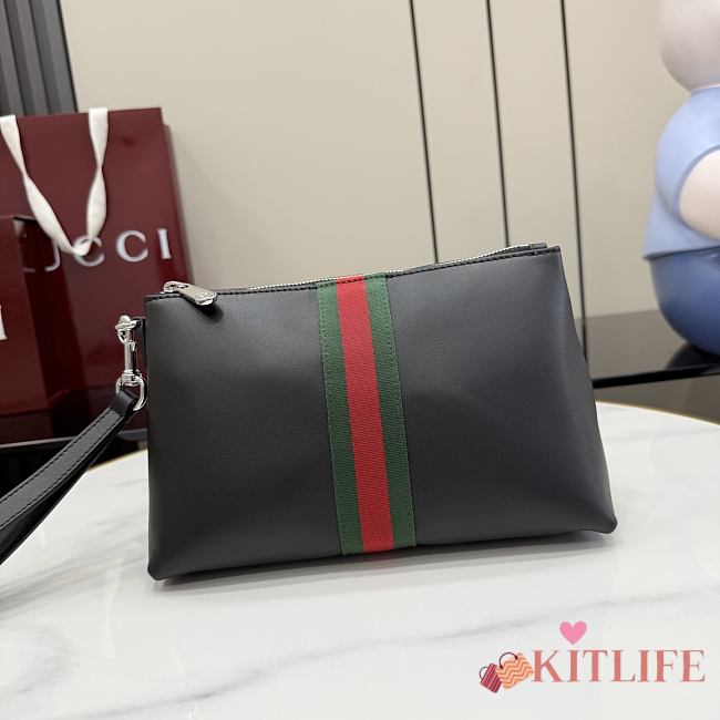 Kitlife Gucci Web Trademark Medium Pouch Black Soft Leather 867275 26.5x15.5x10.5cm - 1