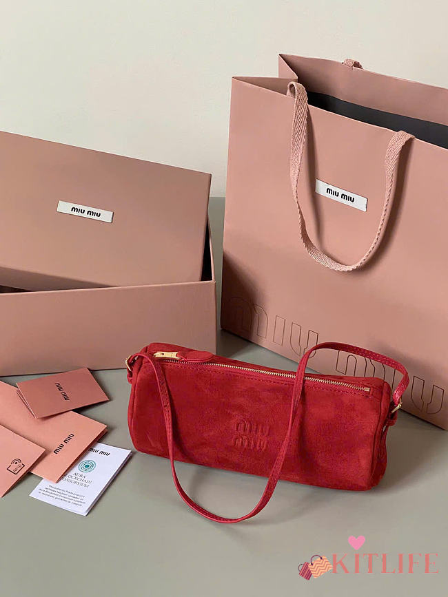 Kitlife Miu Miu Red Suede Leather Pouch 22×9×9cm - 1