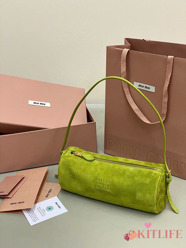 Kitlife Miu Miu Green Suede Leather Pouch 22×9×9cm - 1