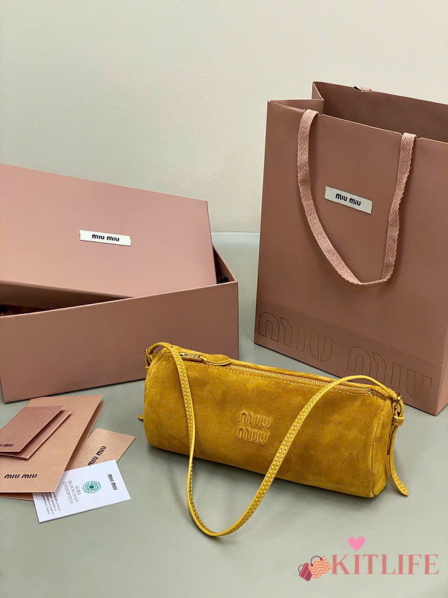 Kitlife Miu Miu Yellow Suede Leather Pouch 22×9×9cm - 1