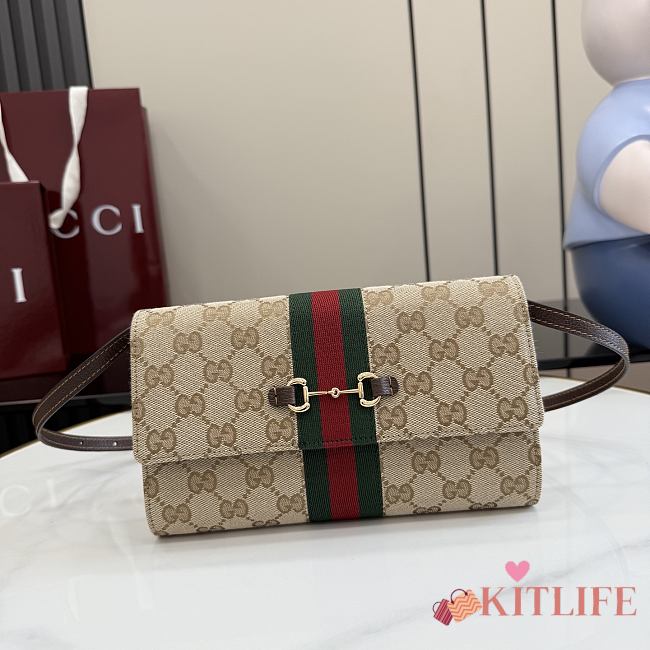 Kitlife Gucci Horsebit Web Wallet With Strap Sand & Brown GG Canvas 867120 21x12.5x4cm - 1